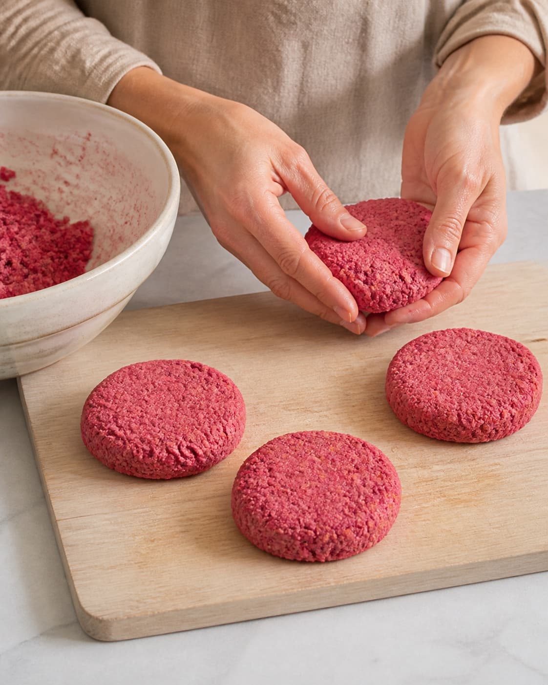 One single photorealistic instructional frame of realistic hands shaping equal raw patties on one board for Pink tundeller, featuring tun i vand, rødbede, æg, with only the named equipment and no unrelated food, text, logos or packaging under tilberedningen af pink tundeller