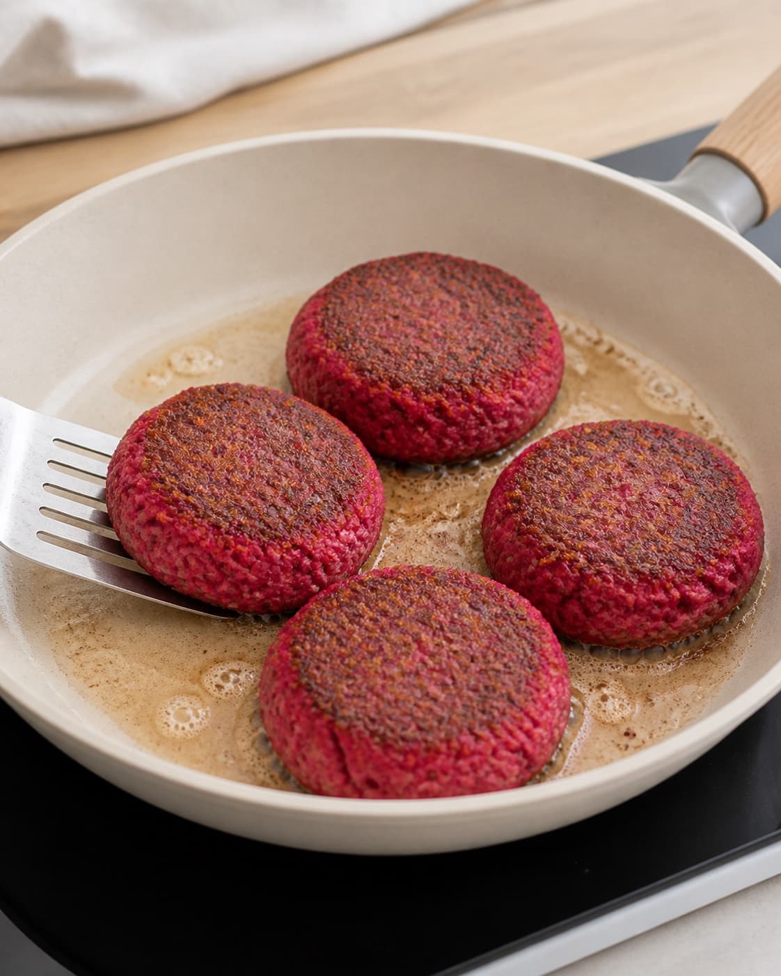 One single photorealistic instructional frame of equal patties browning in one skillet for Pink tundeller, featuring tun i vand, rødbede, æg, with only the named equipment and no unrelated food, text, logos or packaging under tilberedningen af pink tundeller