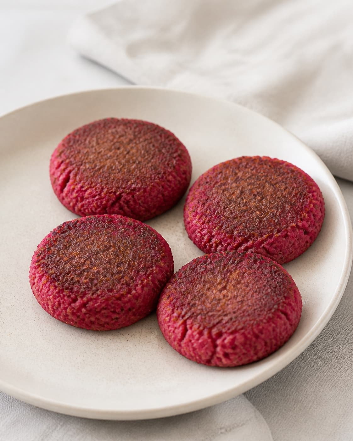 One single photorealistic instructional frame of the cooked patties resting neatly on one platter for Pink tundeller, featuring tun i vand, rødbede, æg, with only the named equipment and no unrelated food, text, logos or packaging under tilberedningen af pink tundeller