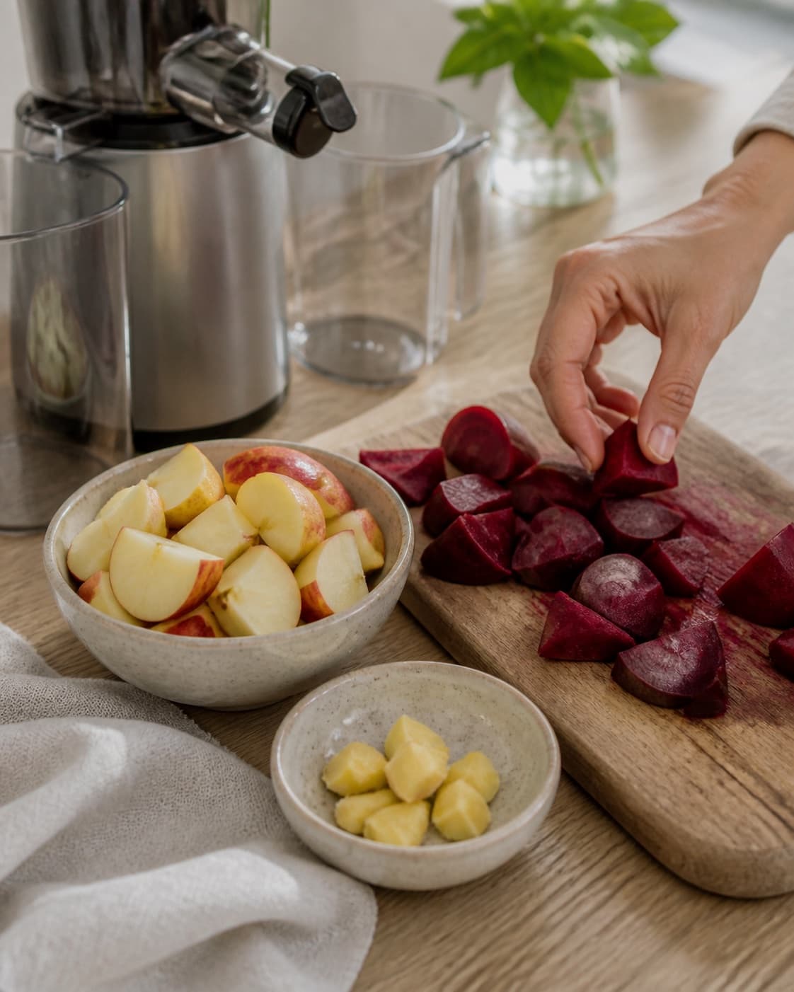 One single photorealistic instructional frame of the produce cut into juicer-size pieces for Rødbedejuice med ingefær og æble, featuring rødbede, frisk ingefær, æble, with only the named equipment and no unrelated food, text, logos or packaging under tilberedningen af rødbedejuice med ingefær og æble