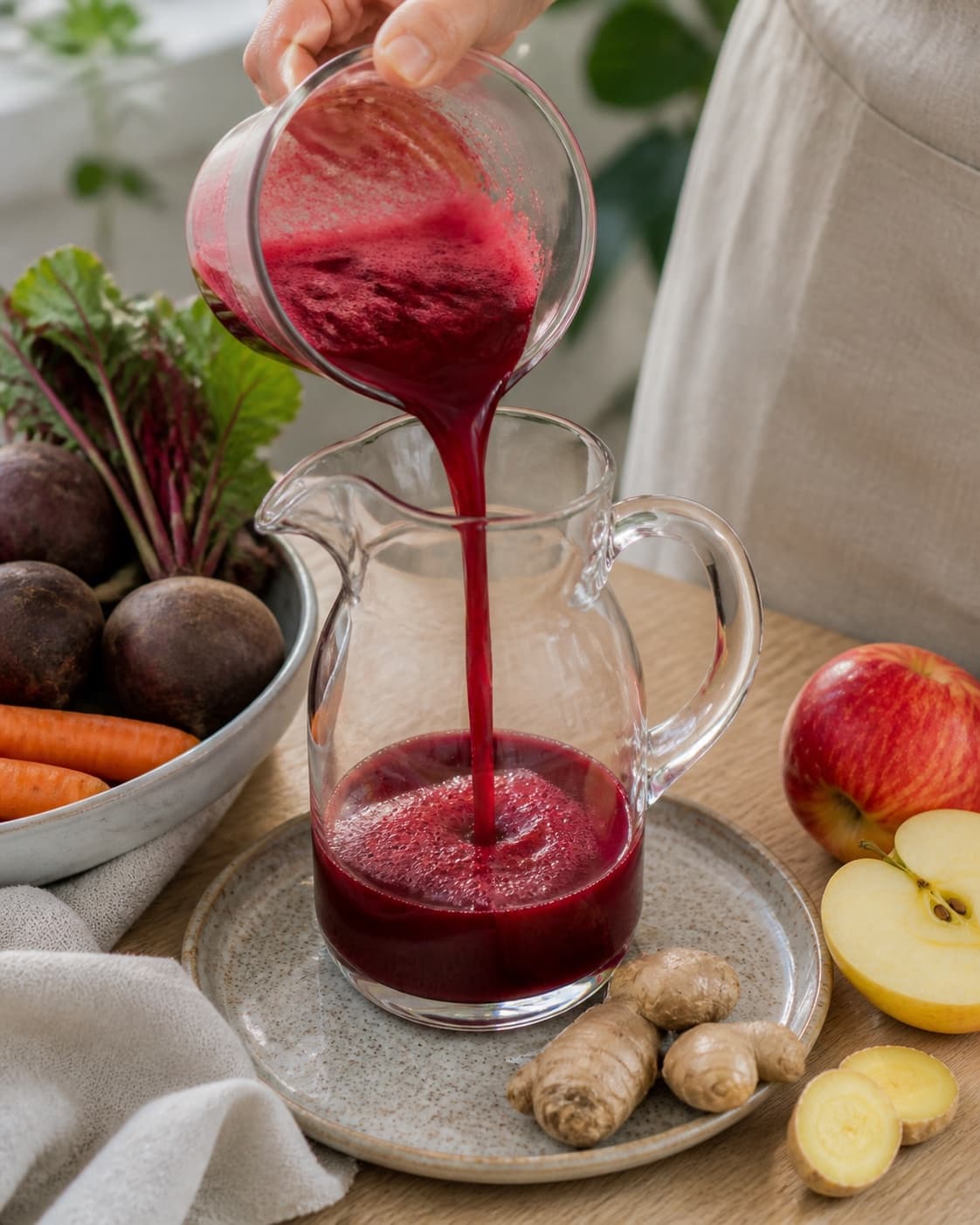 One single photorealistic instructional frame of colorful fresh juice flowing into one clean jug for Rødbedejuice med ingefær og æble, featuring rødbede, frisk ingefær, æble, with only the named equipment and no unrelated food, text, logos or packaging under tilberedningen af rødbedejuice med ingefær og æble