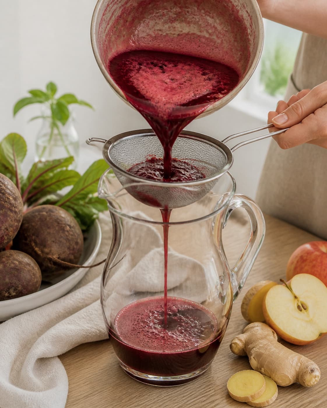 One single photorealistic instructional frame of fresh juice being strained into one jug for Rødbedejuice med ingefær og æble, featuring rødbede, frisk ingefær, æble, with only the named equipment and no unrelated food, text, logos or packaging under tilberedningen af rødbedejuice med ingefær og æble