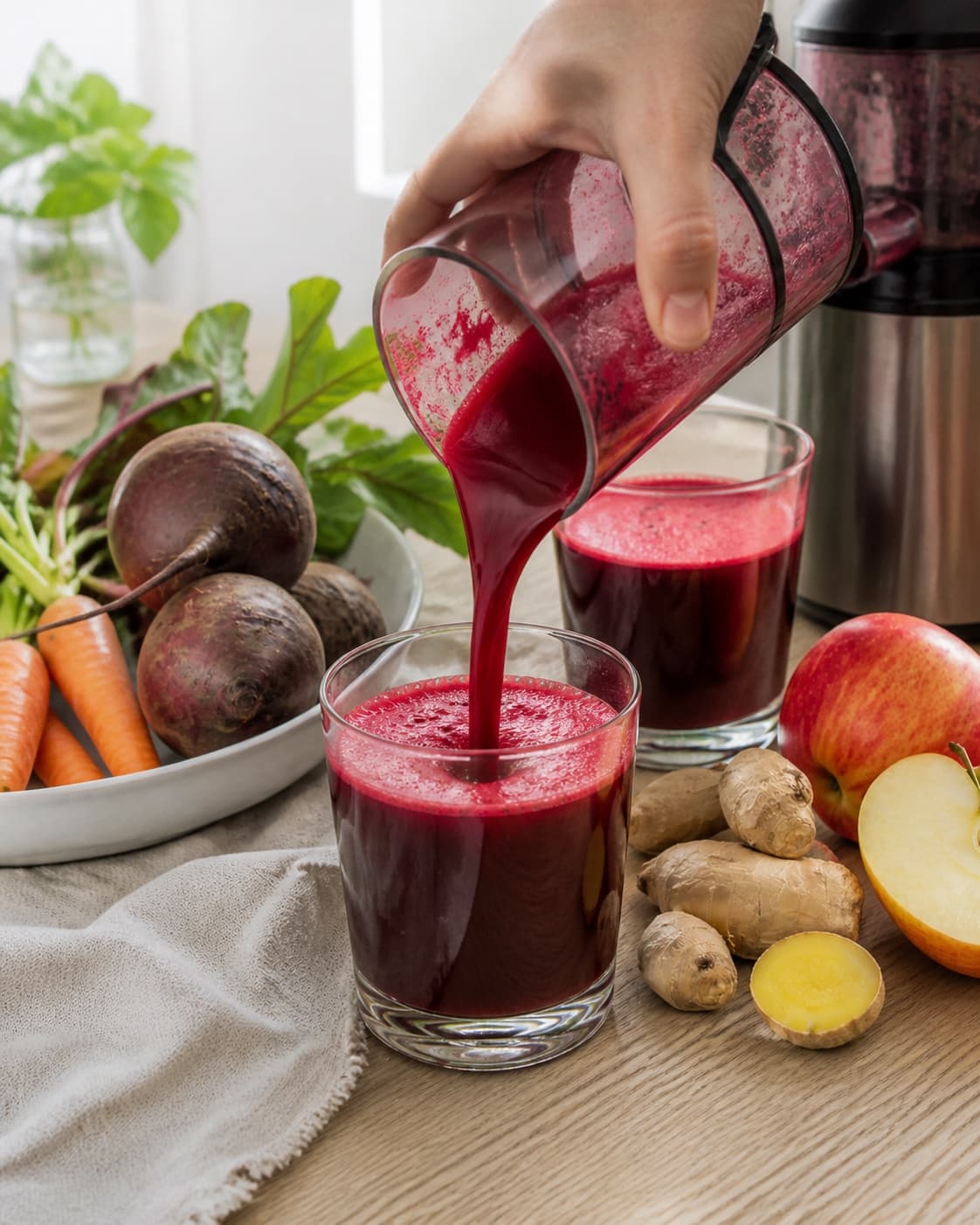 One single photorealistic instructional frame of the finished bright juice in clean chilled glasses for Rødbedejuice med ingefær og æble, featuring rødbede, frisk ingefær, æble, with only the named equipment and no unrelated food, text, logos or packaging under tilberedningen af rødbedejuice med ingefær og æble