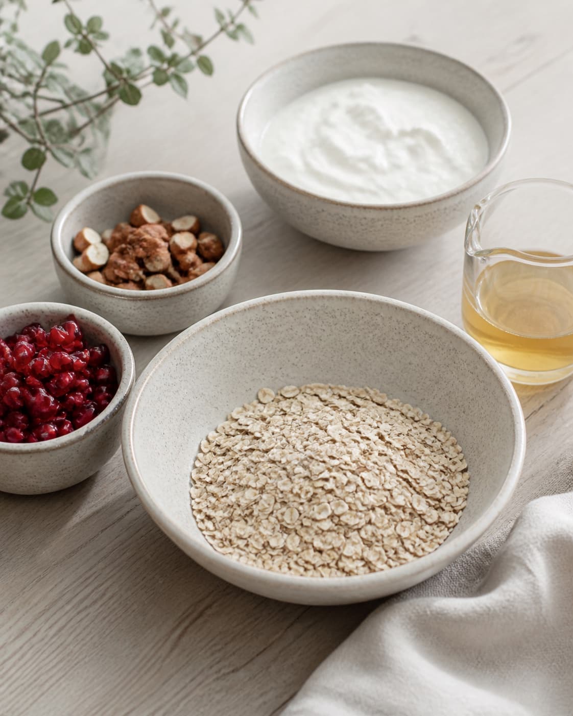 One single photorealistic instructional frame of measured grains seeds and liquid before cooking for Morgenmad med skyr og granatæble, featuring skyr, granatæblekerner, ristede mandler, with only the named equipment and no unrelated food, text, logos or packaging under tilberedningen af morgenmad med skyr og granatæble