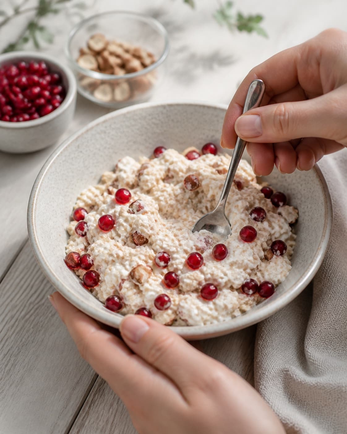 One single photorealistic instructional frame of the porridge consistency being adjusted with a spoon for Morgenmad med skyr og granatæble, featuring skyr, granatæblekerner, ristede mandler, with only the named equipment and no unrelated food, text, logos or packaging under tilberedningen af morgenmad med skyr og granatæble