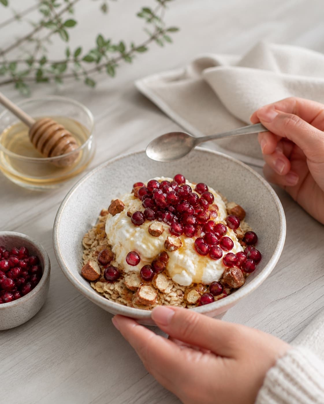 One single photorealistic instructional frame of finished breakfast bowls topped with the named fruit and garnish for Morgenmad med skyr og granatæble, featuring skyr, granatæblekerner, ristede mandler, with only the named equipment and no unrelated food, text, logos or packaging under tilberedningen af morgenmad med skyr og granatæble