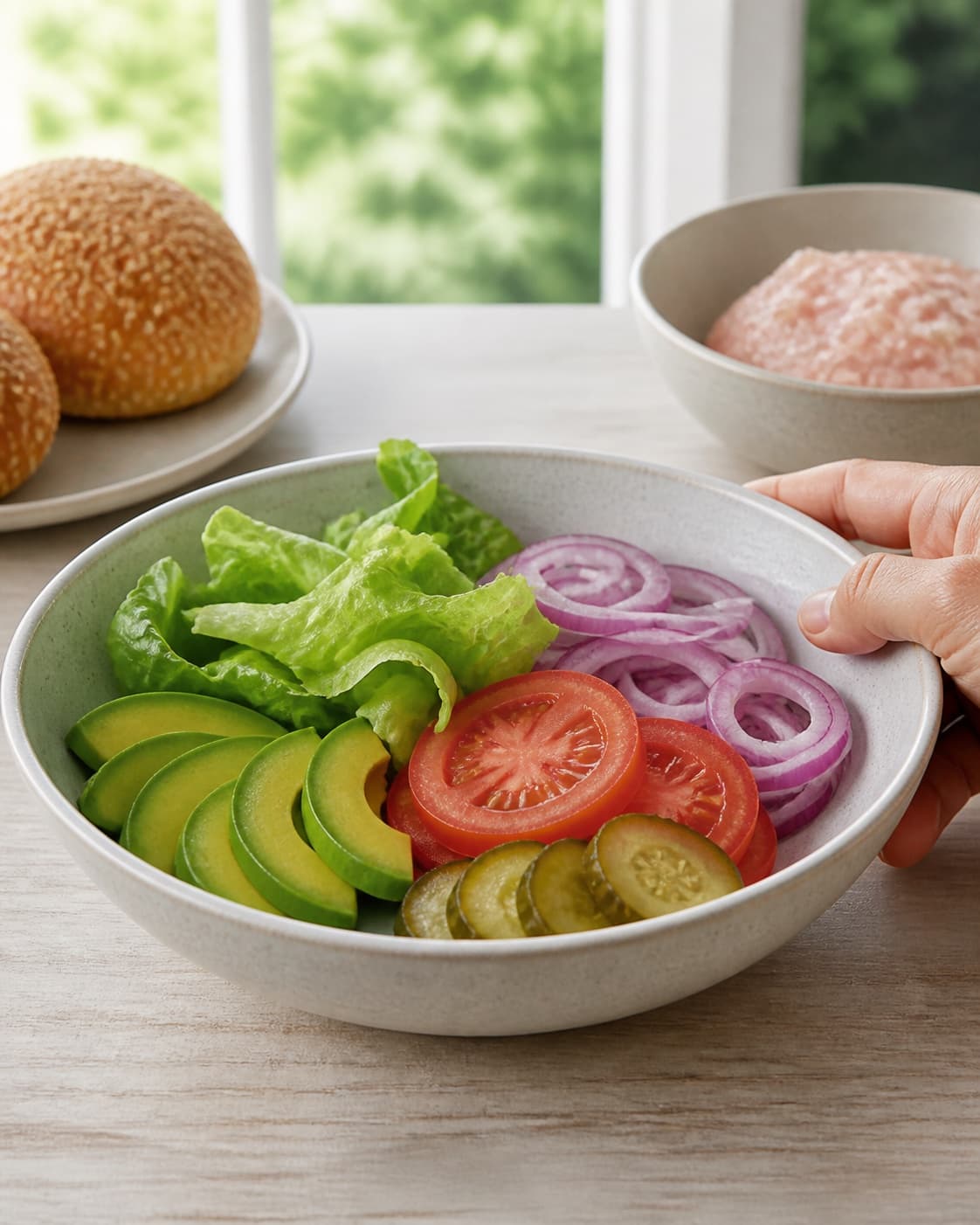 One single photorealistic instructional frame of crisp burger vegetables and pickles prepared in one bowl for Kyllingeburger, featuring kyllingefars, burgerboller, avocado, with only the named equipment and no unrelated food, text, logos or packaging under tilberedningen af kyllingeburger