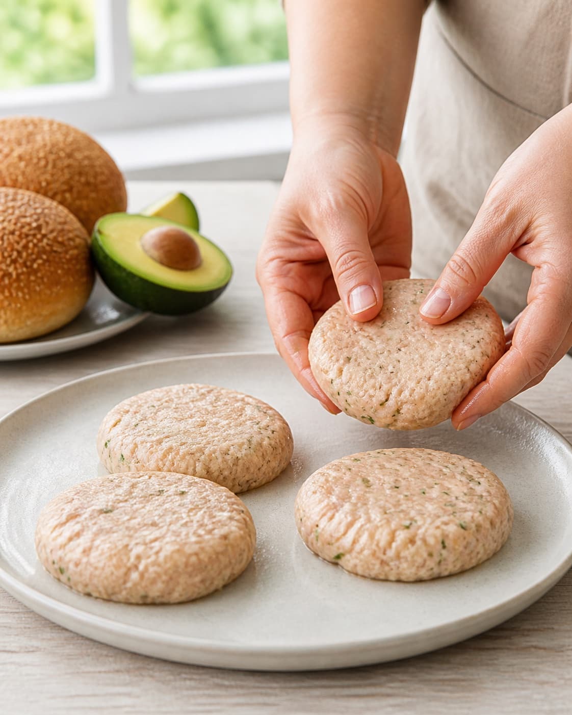 One single photorealistic instructional frame of realistic hands shaping four equal raw burger patties for Kyllingeburger, featuring kyllingefars, burgerboller, avocado, with only the named equipment and no unrelated food, text, logos or packaging under tilberedningen af kyllingeburger