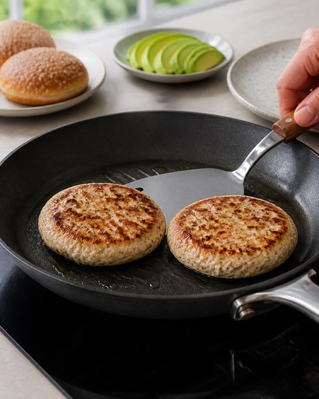 One single photorealistic instructional frame of burger patties browning in one skillet or grill for Kyllingeburger, featuring kyllingefars, burgerboller, avocado, with only the named equipment and no unrelated food, text, logos or packaging under tilberedningen af kyllingeburger