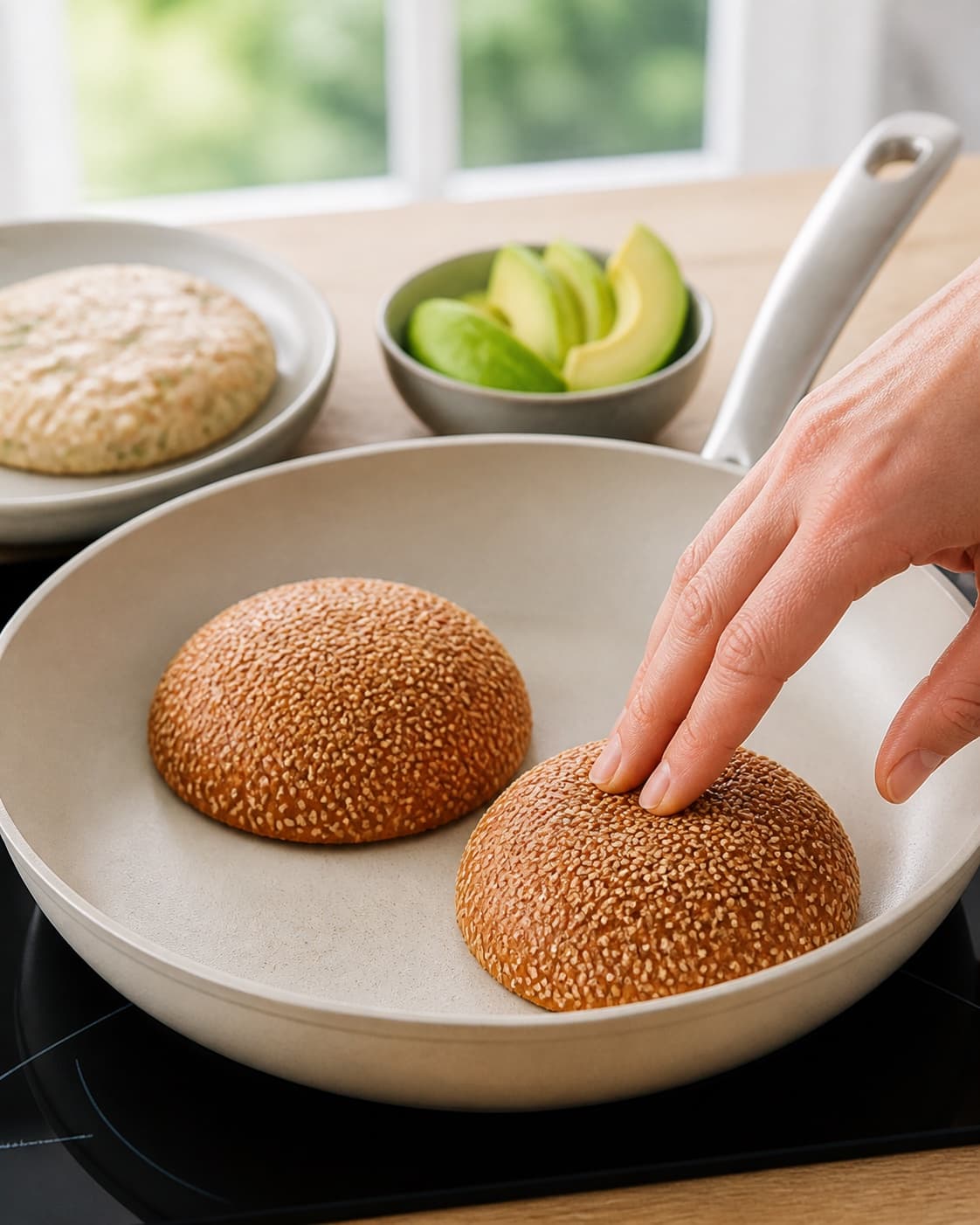 One single photorealistic instructional frame of split burger buns toasting cut-side down for Kyllingeburger, featuring kyllingefars, burgerboller, avocado, with only the named equipment and no unrelated food, text, logos or packaging under tilberedningen af kyllingeburger