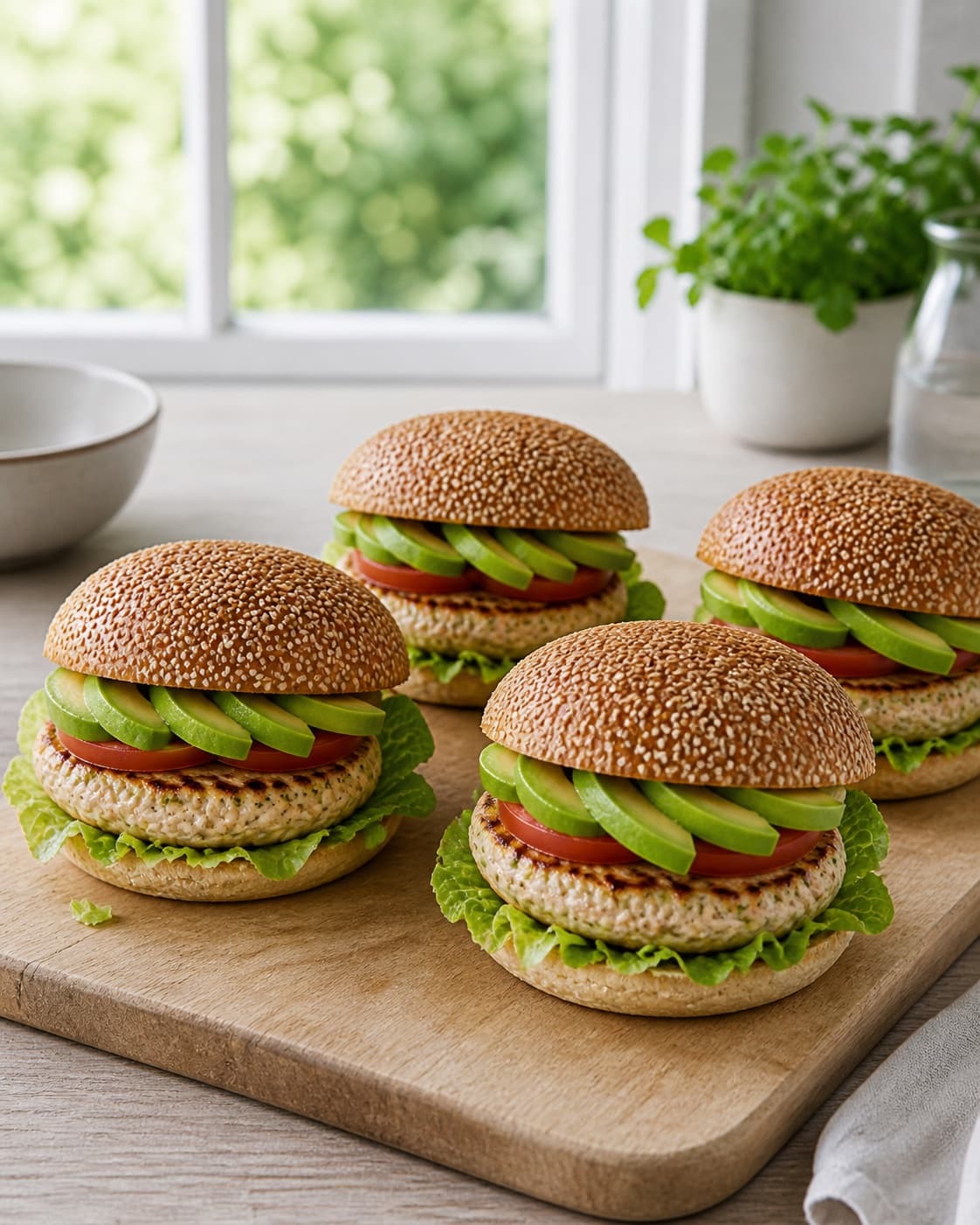 One single photorealistic instructional frame of four completed burgers assembled neatly on one board for Kyllingeburger, featuring kyllingefars, burgerboller, avocado, with only the named equipment and no unrelated food, text, logos or packaging under tilberedningen af kyllingeburger
