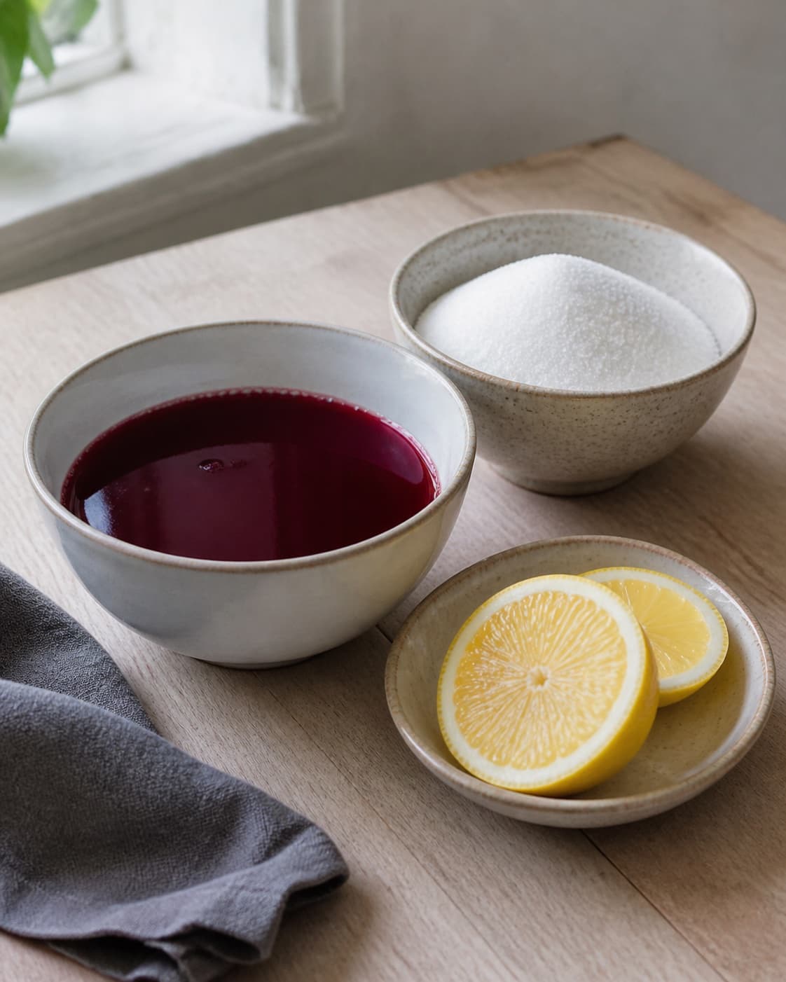 One single photorealistic instructional frame of sauce ingredients prepared in separate bowls for Granatæblesirup, featuring granatæblejuice, sukker, citron, with only the named equipment and no unrelated food, text, logos or packaging under tilberedningen af granatæblesirup