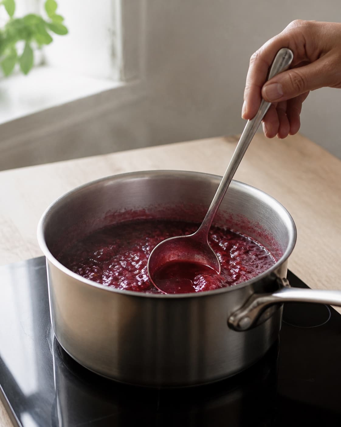 One single photorealistic instructional frame of the sauce base simmering in one saucepan for Granatæblesirup, featuring granatæblejuice, sukker, citron, with only the named equipment and no unrelated food, text, logos or packaging under tilberedningen af granatæblesirup