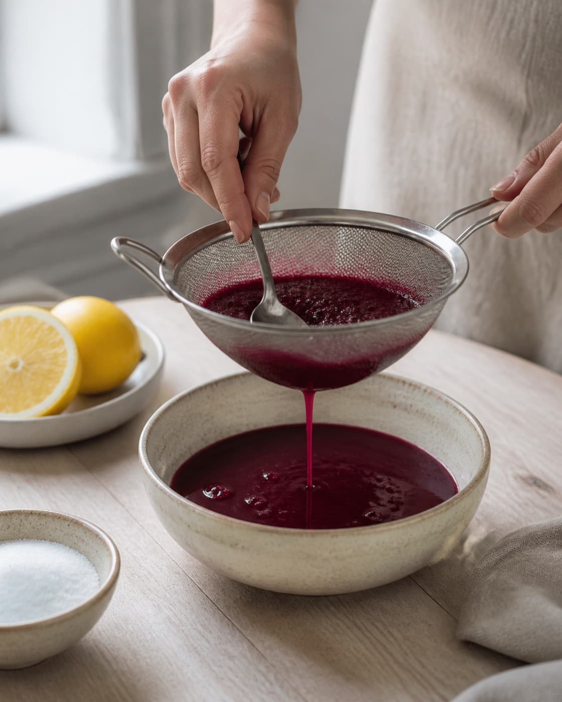 One single photorealistic instructional frame of the cooked sauce being blended or strained smooth for Granatæblesirup, featuring granatæblejuice, sukker, citron, with only the named equipment and no unrelated food, text, logos or packaging under tilberedningen af granatæblesirup