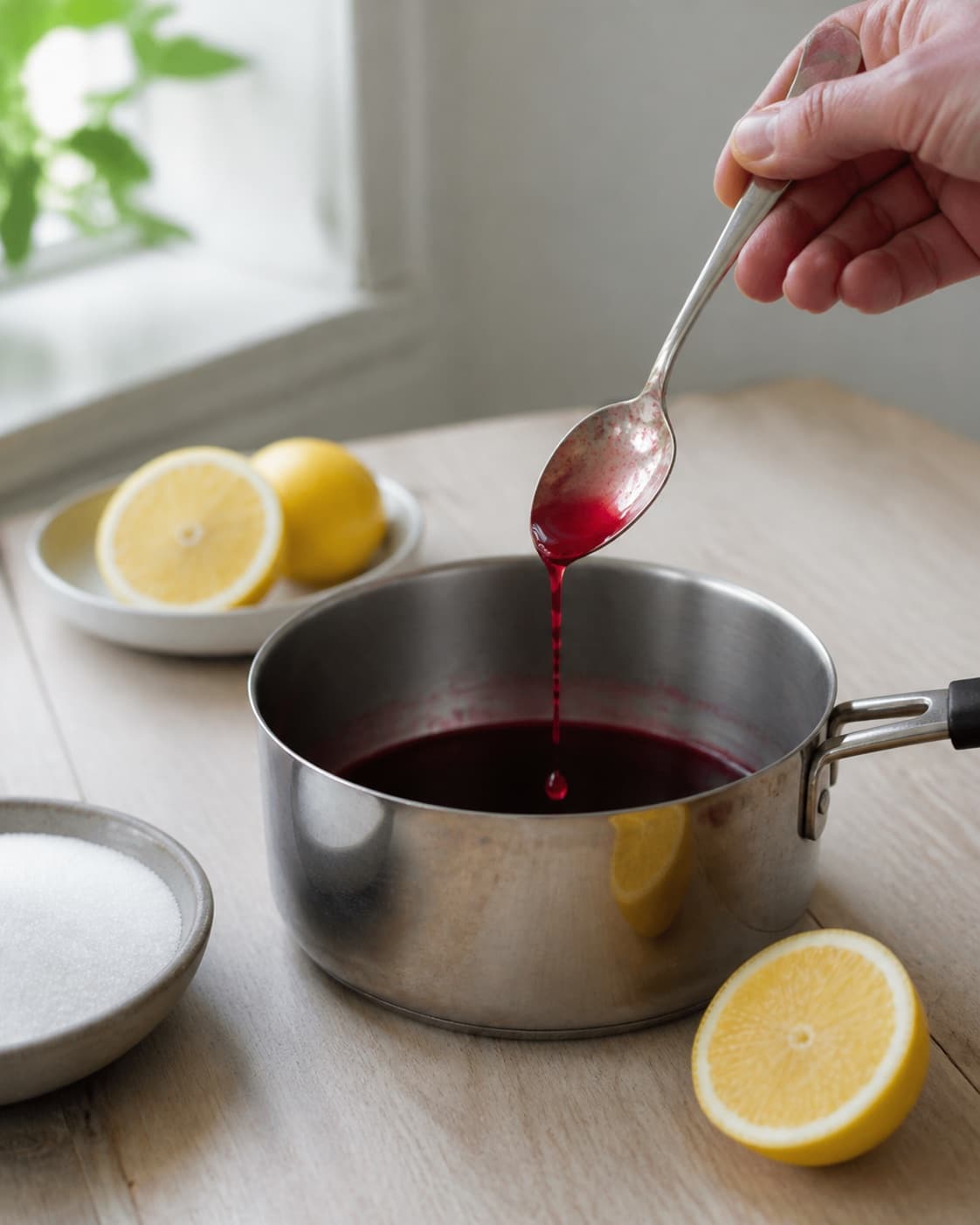 One single photorealistic instructional frame of the sauce consistency and seasoning being checked for Granatæblesirup, featuring granatæblejuice, sukker, citron, with only the named equipment and no unrelated food, text, logos or packaging under tilberedningen af granatæblesirup