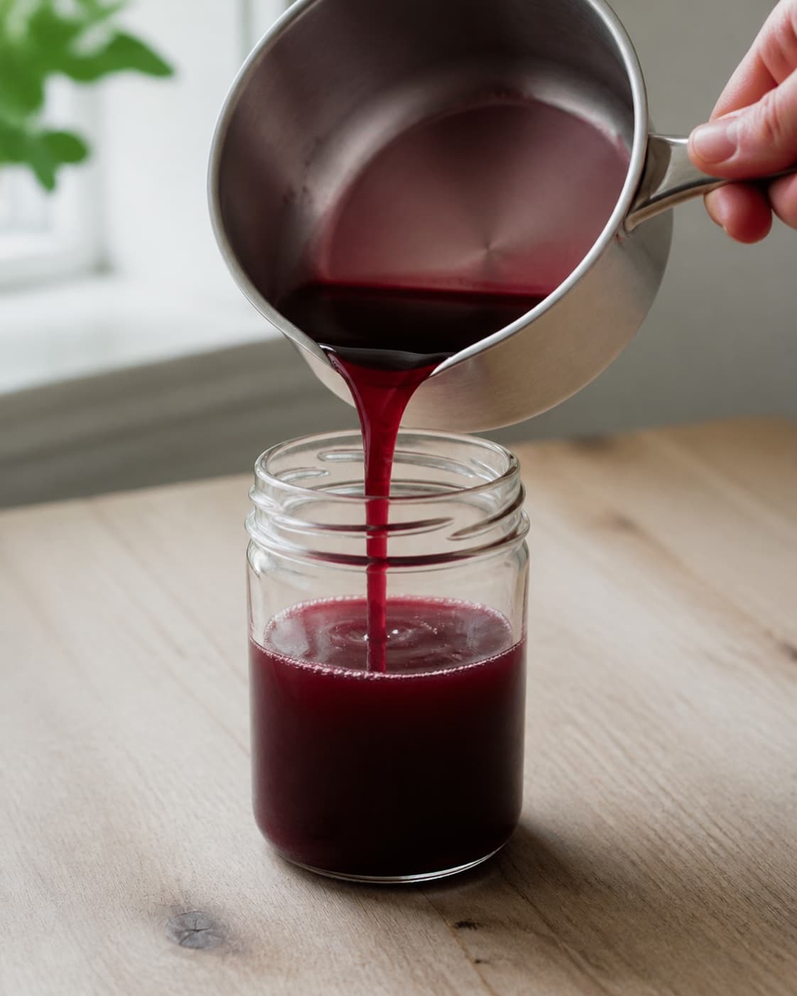 One single photorealistic instructional frame of the finished sauce being transferred into one clean jar for Granatæblesirup, featuring granatæblejuice, sukker, citron, with only the named equipment and no unrelated food, text, logos or packaging under tilberedningen af granatæblesirup