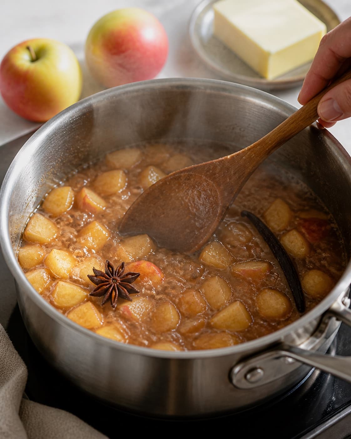 One single photorealistic instructional frame of the sauce base simmering in one saucepan for Æblesmør med vanilje og stjerneanis, featuring æbler, smør, vaniljestang, with only the named equipment and no unrelated food, text, logos or packaging under tilberedningen af æblesmør med vanilje og stjerneanis