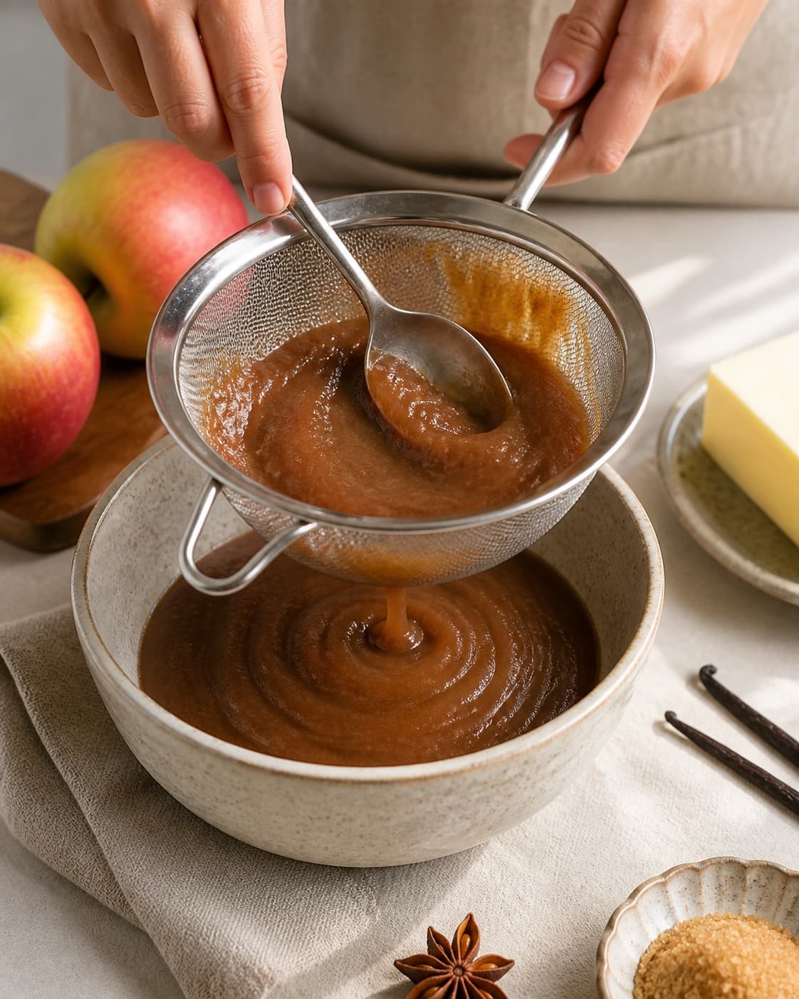 One single photorealistic instructional frame of the cooked sauce being blended or strained smooth for Æblesmør med vanilje og stjerneanis, featuring æbler, smør, vaniljestang, with only the named equipment and no unrelated food, text, logos or packaging under tilberedningen af æblesmør med vanilje og stjerneanis