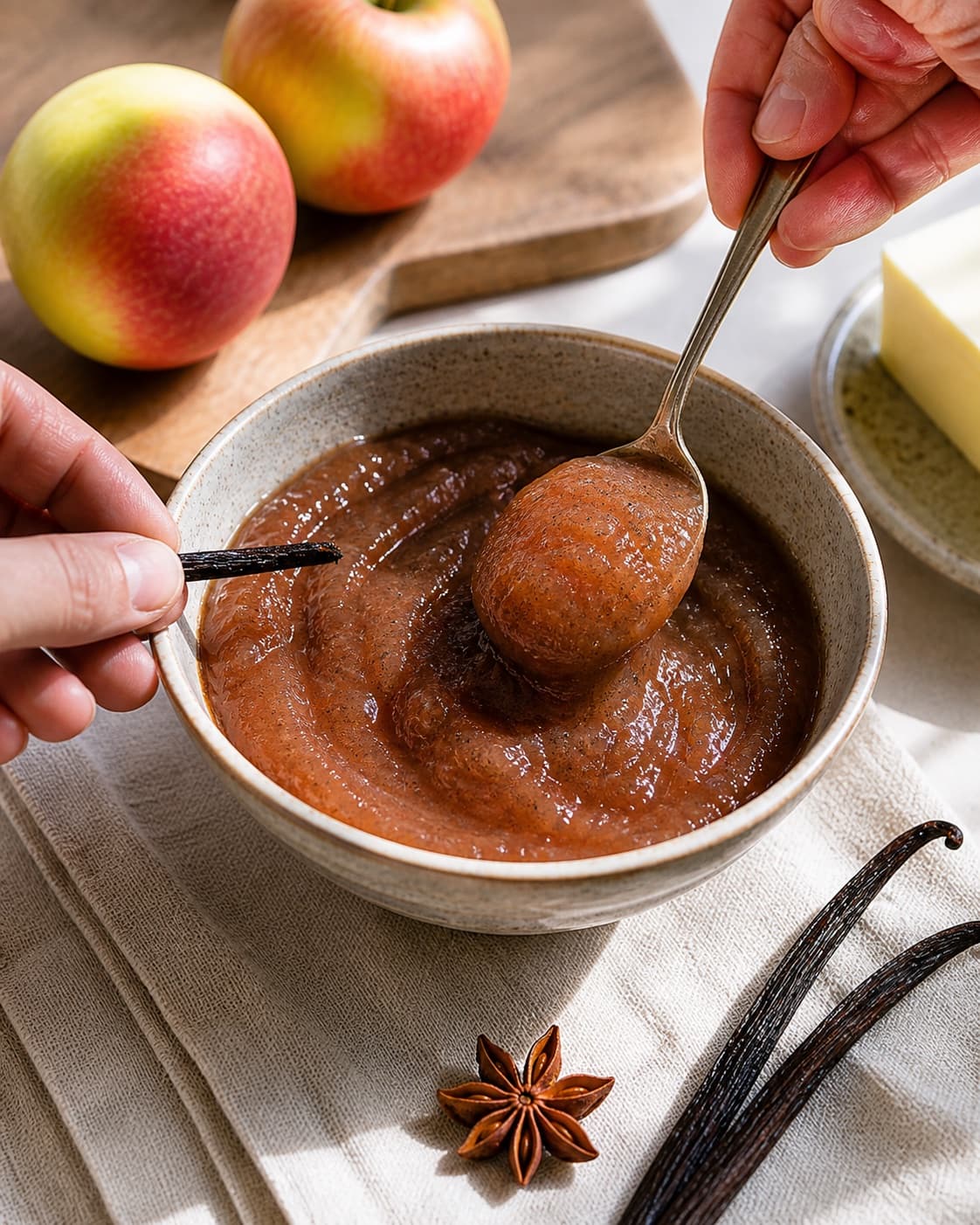 One single photorealistic instructional frame of the sauce consistency and seasoning being checked for Æblesmør med vanilje og stjerneanis, featuring æbler, smør, vaniljestang, with only the named equipment and no unrelated food, text, logos or packaging under tilberedningen af æblesmør med vanilje og stjerneanis