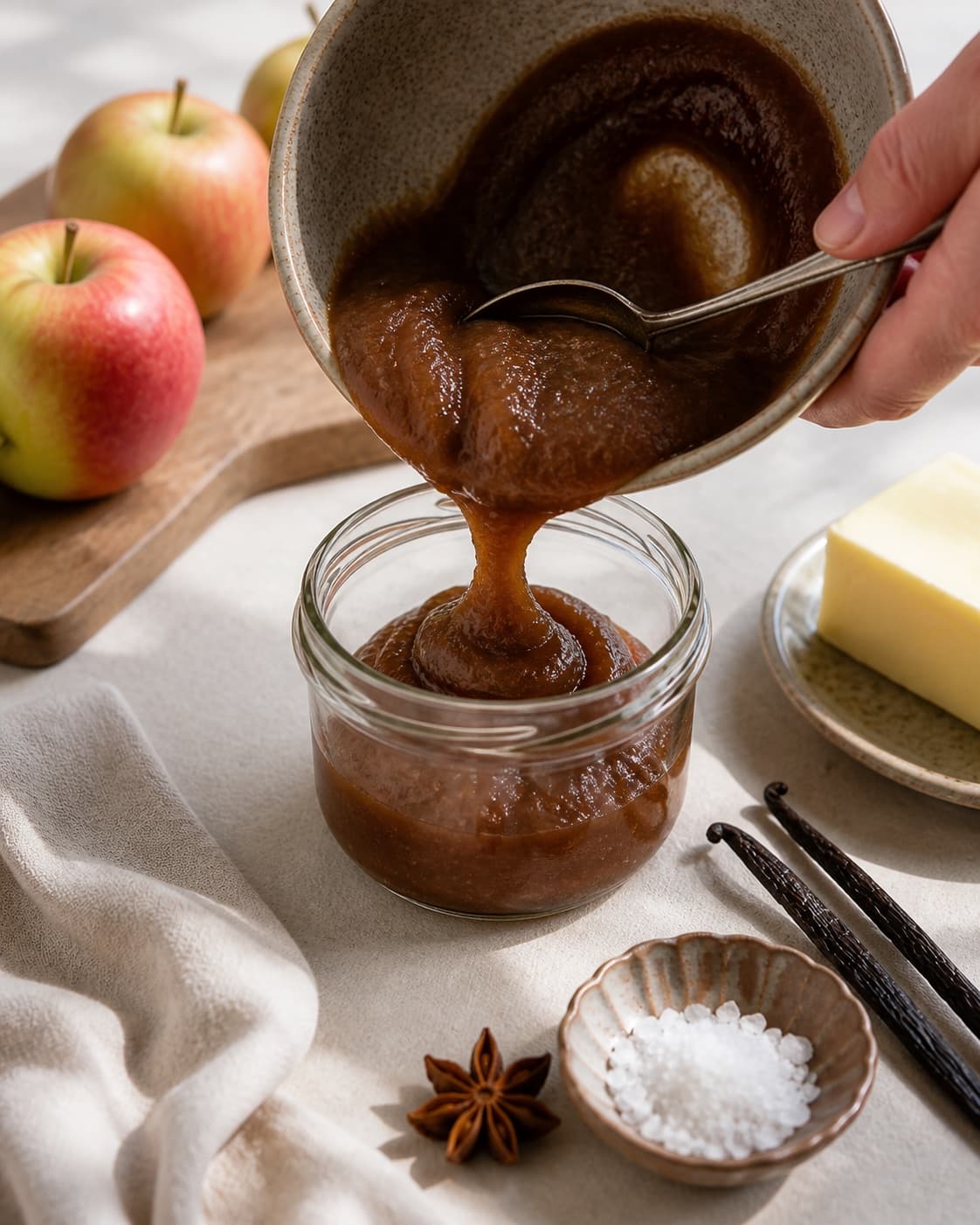 One single photorealistic instructional frame of the finished sauce being transferred into one clean jar for Æblesmør med vanilje og stjerneanis, featuring æbler, smør, vaniljestang, with only the named equipment and no unrelated food, text, logos or packaging under tilberedningen af æblesmør med vanilje og stjerneanis