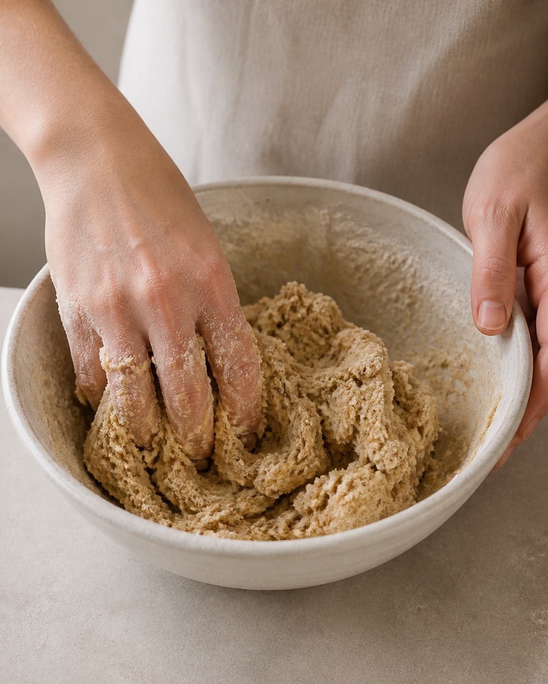 One single photorealistic instructional frame of a cohesive pastry dough being mixed in one bowl for Ravioli af fuldkornsdurum med laks og spinat, featuring fuldkornsdurummel, æg, laks, with only the named equipment and no unrelated food, text, logos or packaging under tilberedningen af ravioli af fuldkornsdurum med laks og spinat