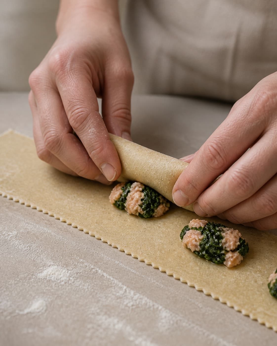 One single photorealistic instructional frame of pastry being rolled filled and sealed by realistic hands for Ravioli af fuldkornsdurum med laks og spinat, featuring fuldkornsdurummel, æg, laks, with only the named equipment and no unrelated food, text, logos or packaging under tilberedningen af ravioli af fuldkornsdurum med laks og spinat