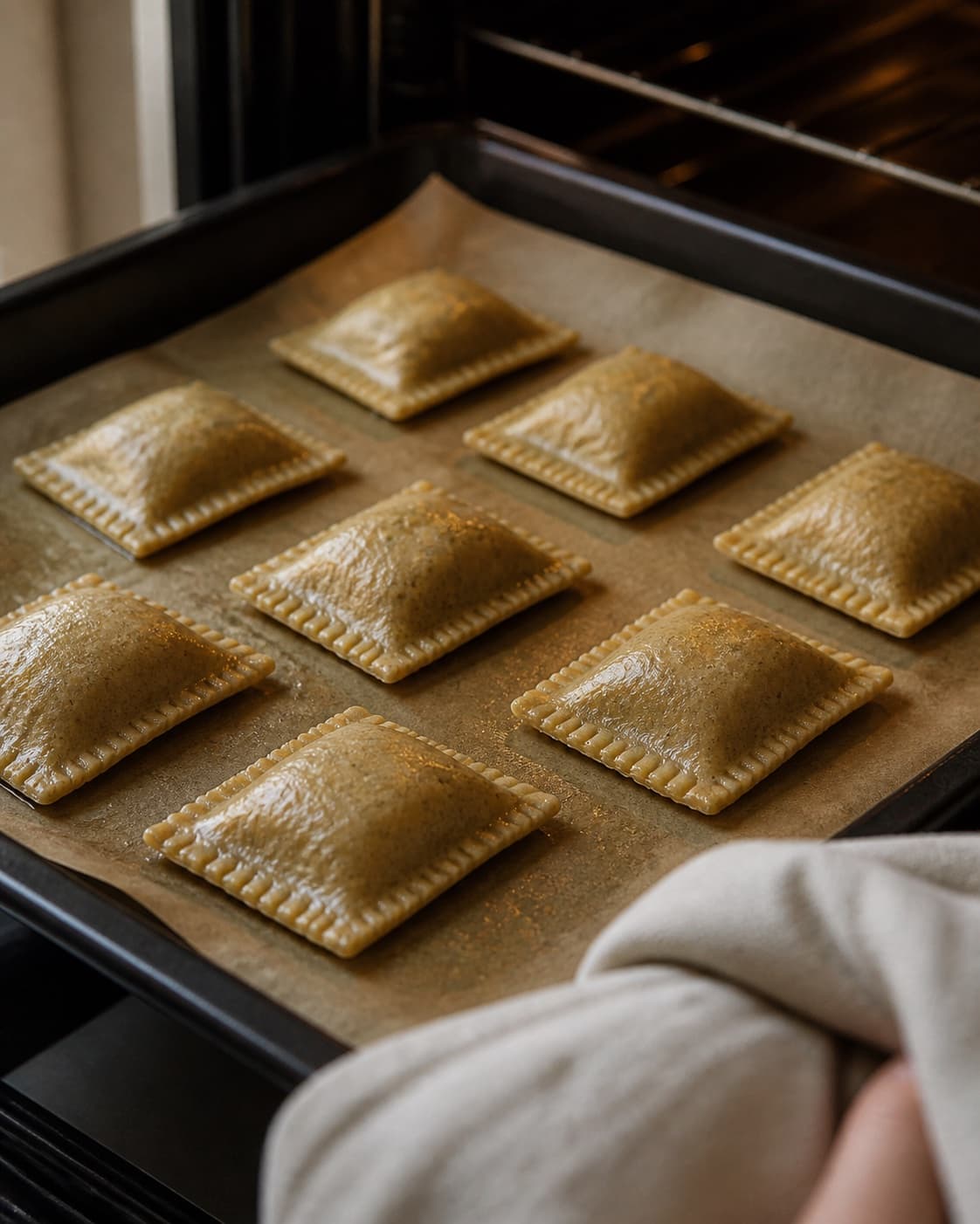 One single photorealistic instructional frame of golden filled pastries baking on one tray for Ravioli af fuldkornsdurum med laks og spinat, featuring fuldkornsdurummel, æg, laks, with only the named equipment and no unrelated food, text, logos or packaging under tilberedningen af ravioli af fuldkornsdurum med laks og spinat