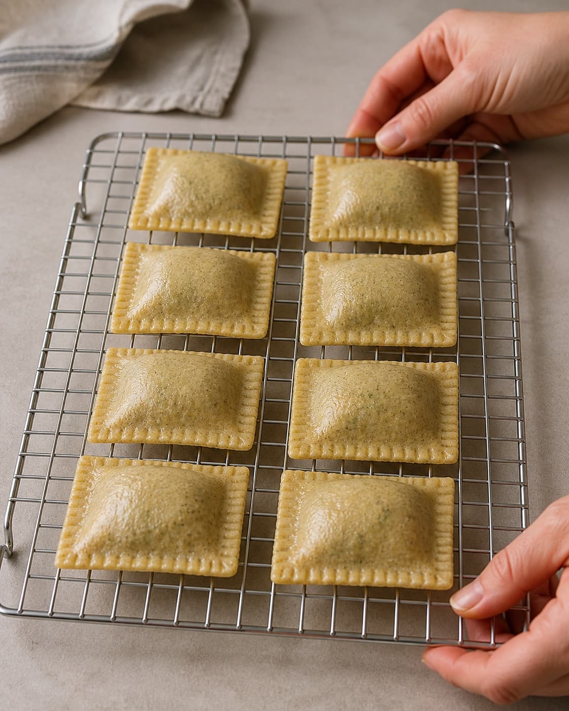 One single photorealistic instructional frame of the completed pastries cooling neatly on one rack for Ravioli af fuldkornsdurum med laks og spinat, featuring fuldkornsdurummel, æg, laks, with only the named equipment and no unrelated food, text, logos or packaging under tilberedningen af ravioli af fuldkornsdurum med laks og spinat