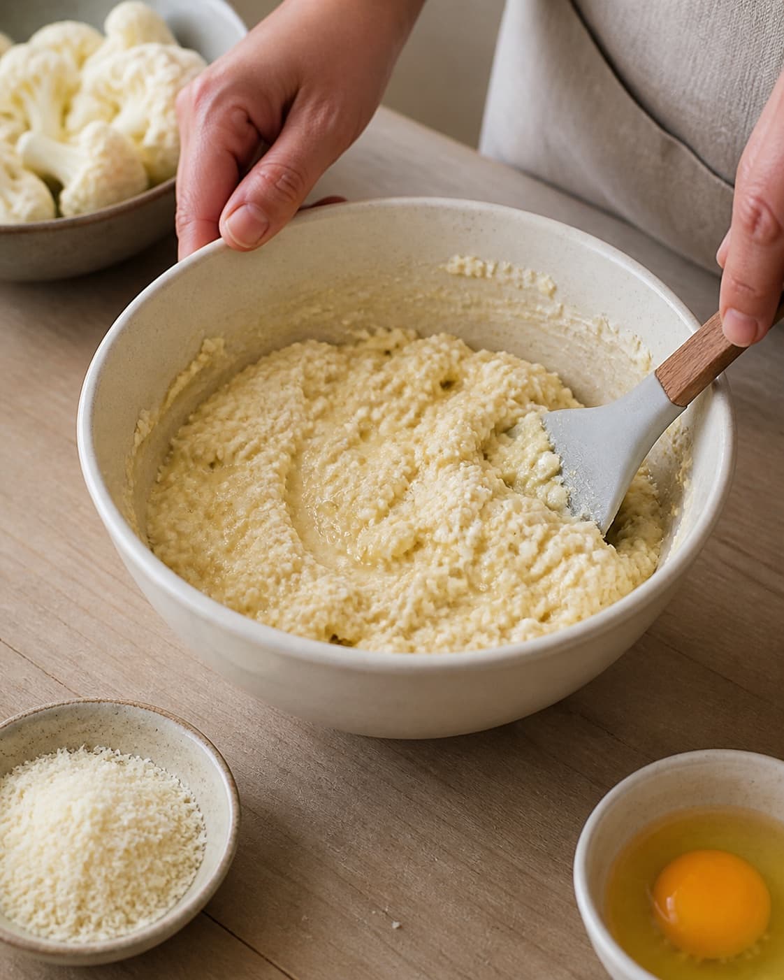 One single photorealistic instructional frame of elastic pizza dough mixing in one bowl for Blomkålspizza - lavet på blomkålsbund, featuring blomkål, æg, parmesan, with only the named equipment and no unrelated food, text, logos or packaging under tilberedningen af blomkålspizza - lavet på blomkålsbund