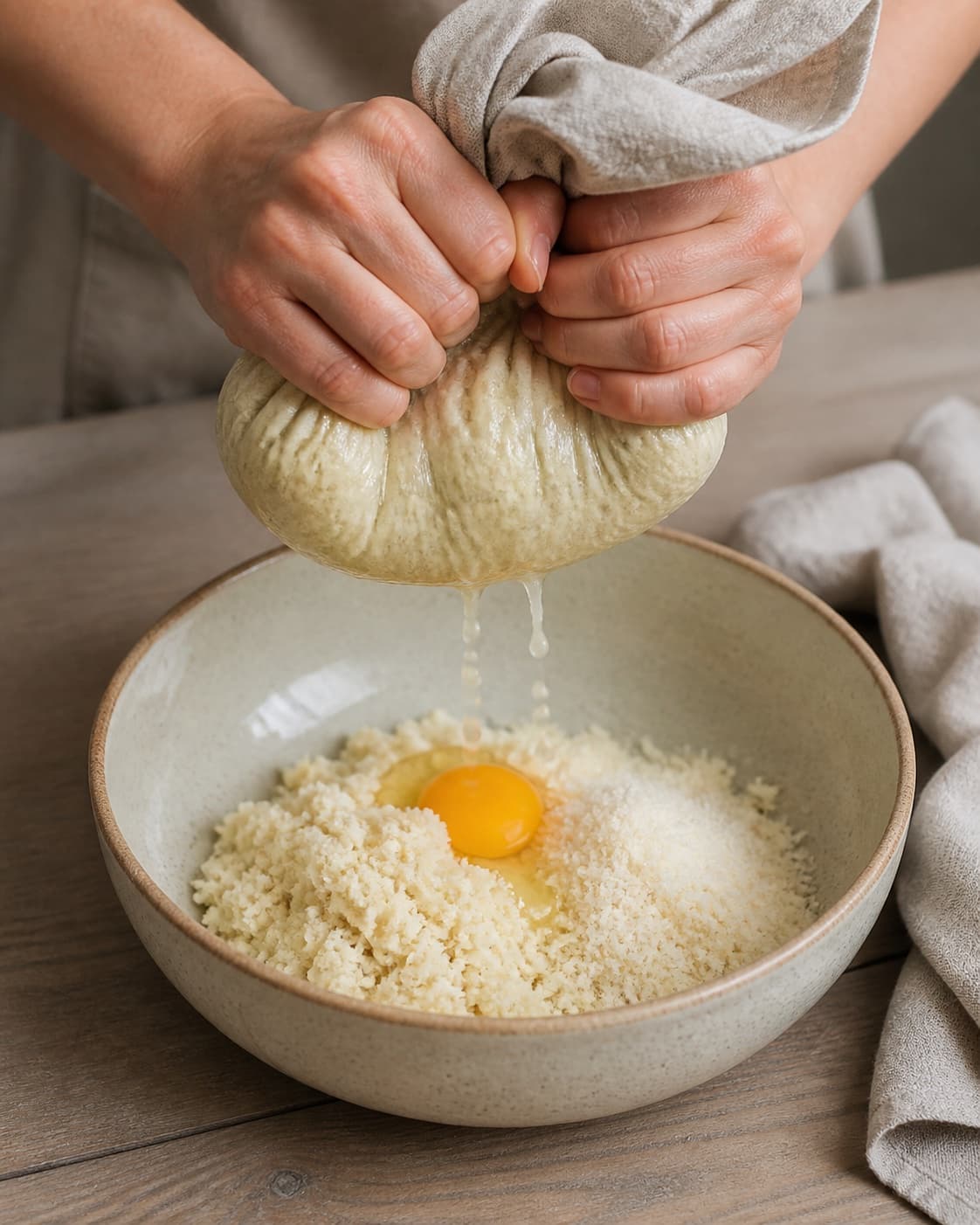 Finely grated cauliflower being squeezed dry in cloth and mixed with egg and parmesan, no risen yeast dough under tilberedningen af blomkålspizza - lavet på blomkålsbund