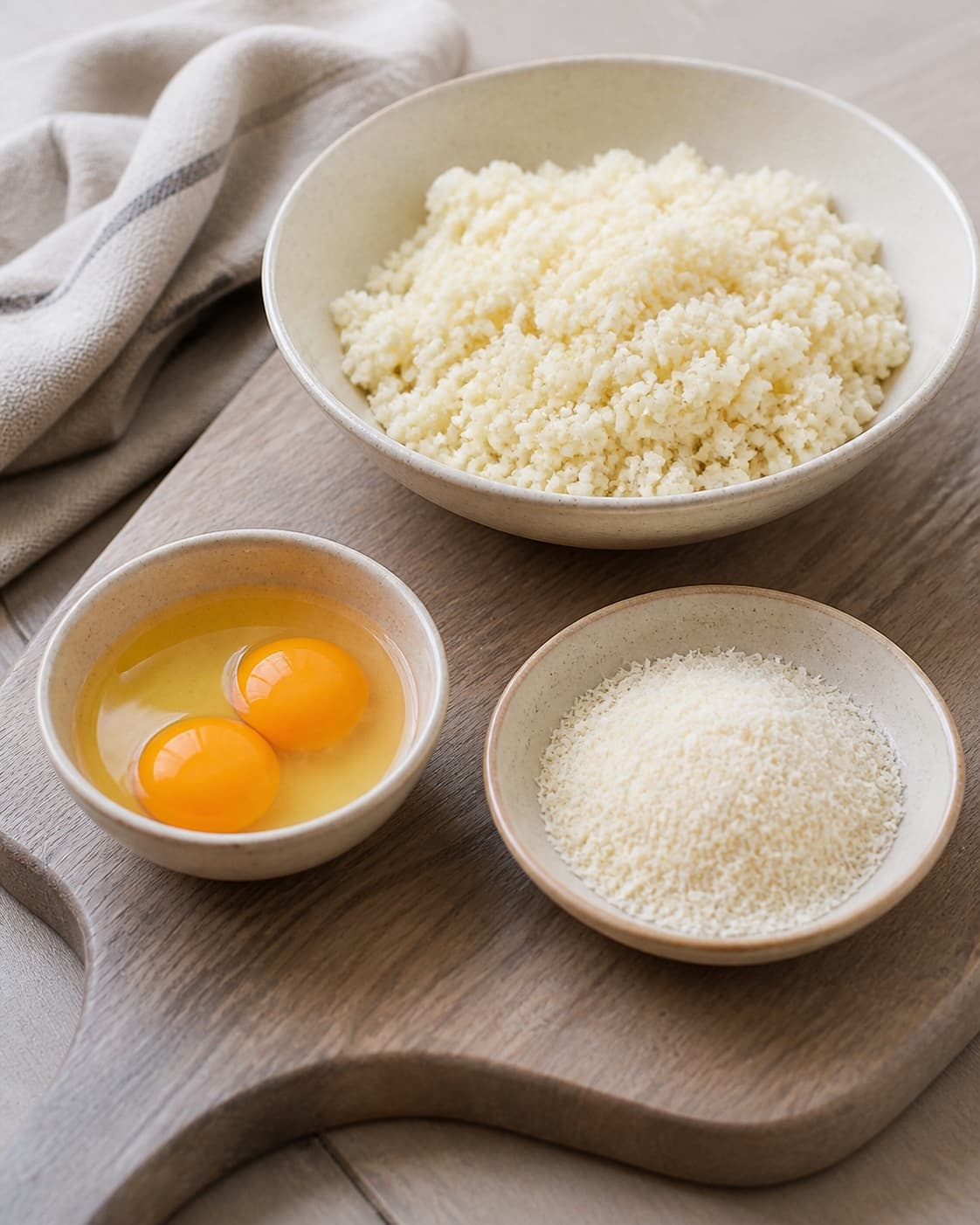 One single photorealistic instructional frame of pizza toppings prepared in separate bowls for Blomkålspizza - lavet på blomkålsbund, featuring blomkål, æg, parmesan, with only the named equipment and no unrelated food, text, logos or packaging under tilberedningen af blomkålspizza - lavet på blomkålsbund