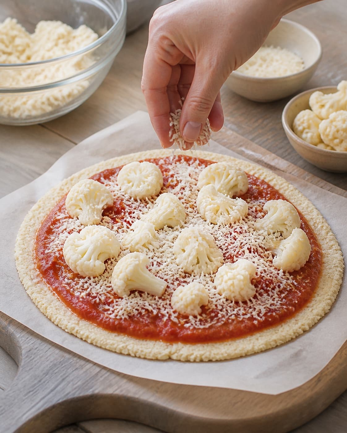 One single photorealistic instructional frame of the raw pizza shaped and topped before baking for Blomkålspizza - lavet på blomkålsbund, featuring blomkål, æg, parmesan, with only the named equipment and no unrelated food, text, logos or packaging under tilberedningen af blomkålspizza - lavet på blomkålsbund