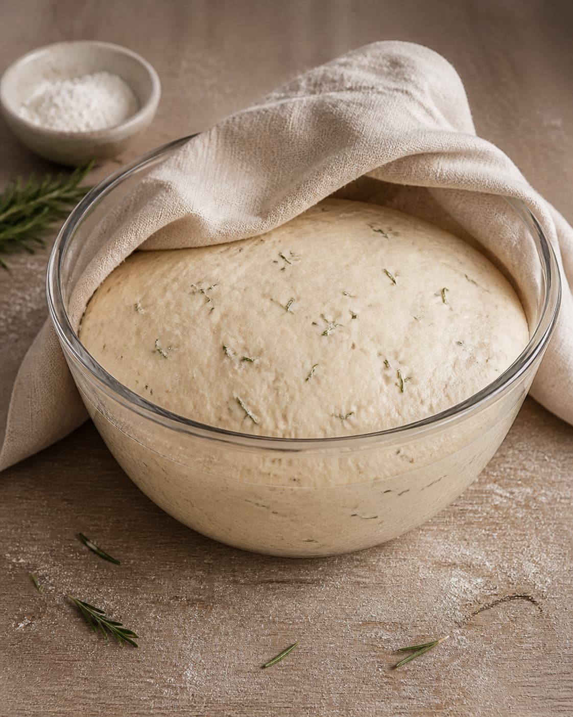 One single photorealistic instructional frame of elastic risen dough in one covered bowl for Brød med rosmarin, featuring hvedemel, gær, frisk rosmarin, with only the named equipment and no unrelated food, text, logos or packaging under tilberedningen af brød med rosmarin