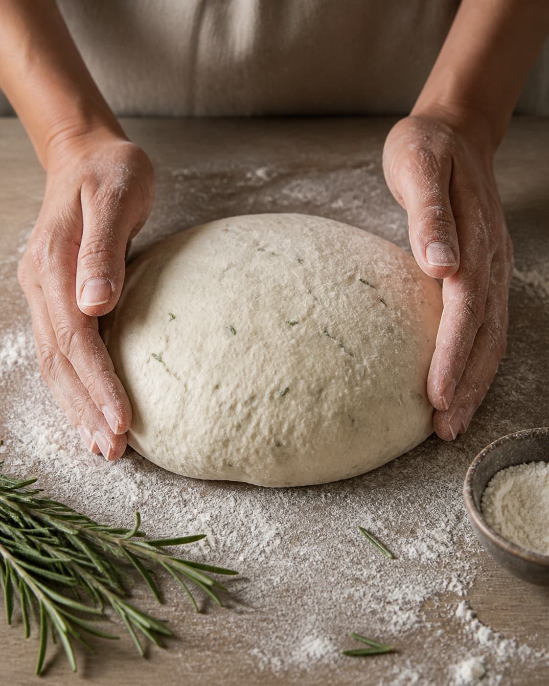 One single photorealistic instructional frame of hands shaping the dough into the recipe-specific form for Brød med rosmarin, featuring hvedemel, gær, frisk rosmarin, with only the named equipment and no unrelated food, text, logos or packaging under tilberedningen af brød med rosmarin