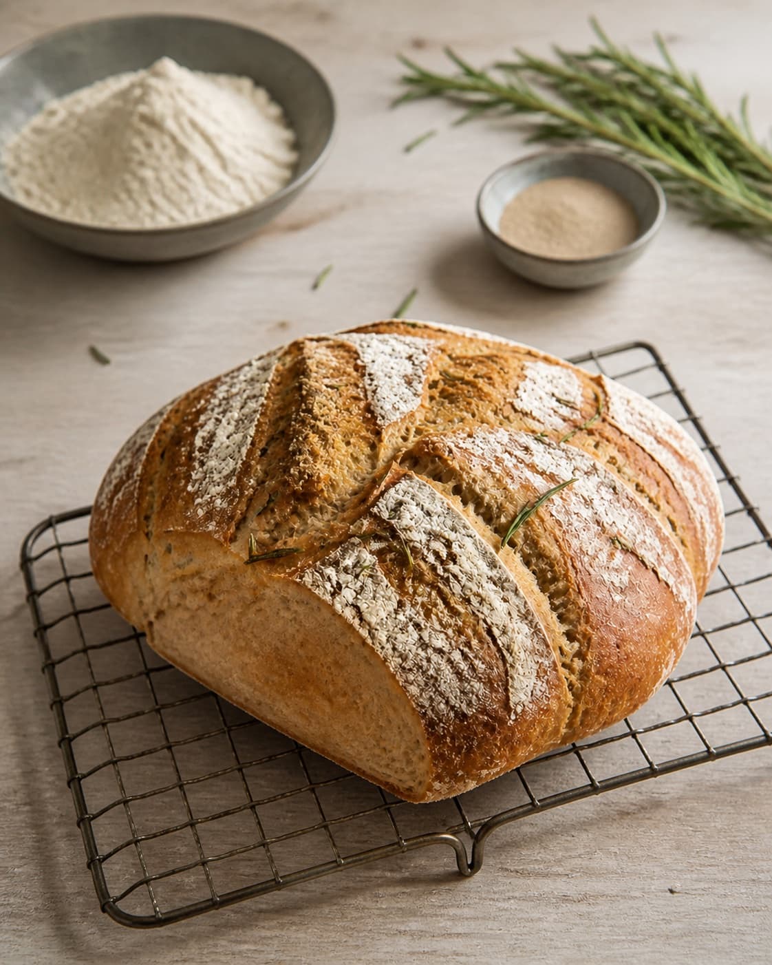One single photorealistic instructional frame of freshly baked golden bread cooling on one rack for Brød med rosmarin, featuring hvedemel, gær, frisk rosmarin, with only the named equipment and no unrelated food, text, logos or packaging under tilberedningen af brød med rosmarin