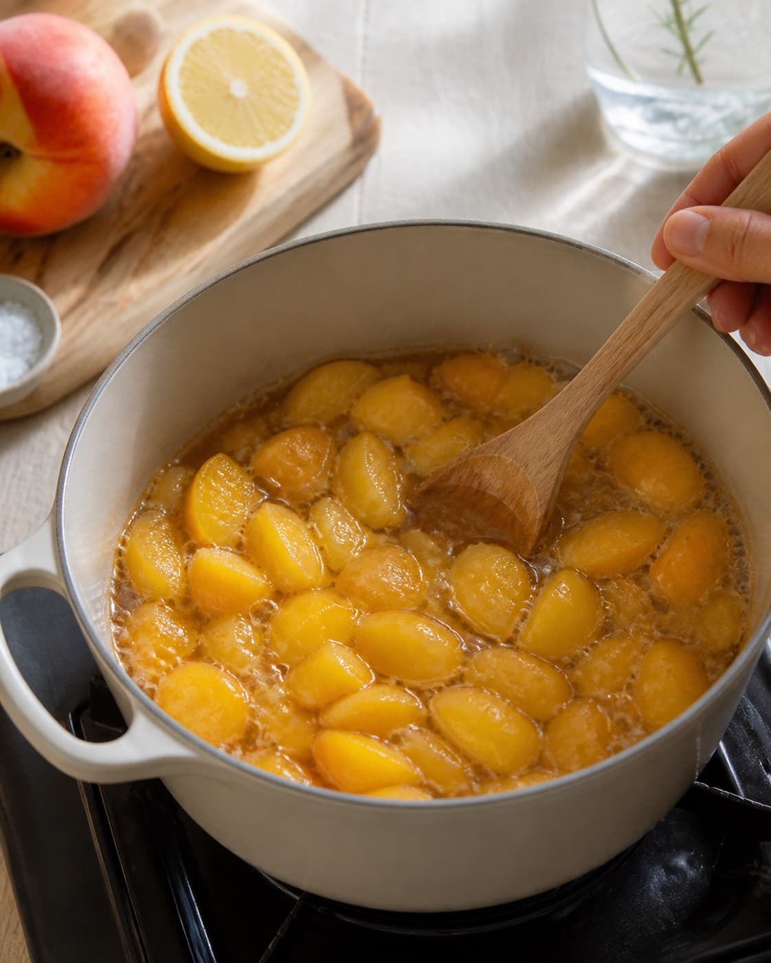 One single photorealistic instructional frame of the main vegetable simmering until tender for Ferskenkompot, featuring ferskner, sukker, citron, with only the named equipment and no unrelated food, text, logos or packaging under tilberedningen af ferskenkompot