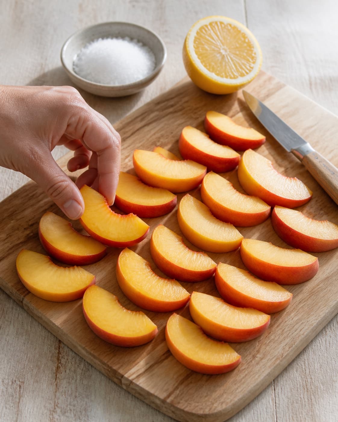 One single photorealistic instructional frame of even vegetable slices prepared on one board for Ferskenkompot, featuring ferskner, sukker, citron, with only the named equipment and no unrelated food, text, logos or packaging under tilberedningen af ferskenkompot