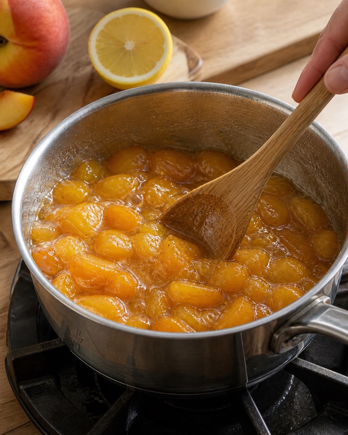 ferskenstykker simmering with sugar and lemon into a thick glossy ferskenkompot in one saucepan, no clear pickling brine under tilberedningen af ferskenkompot