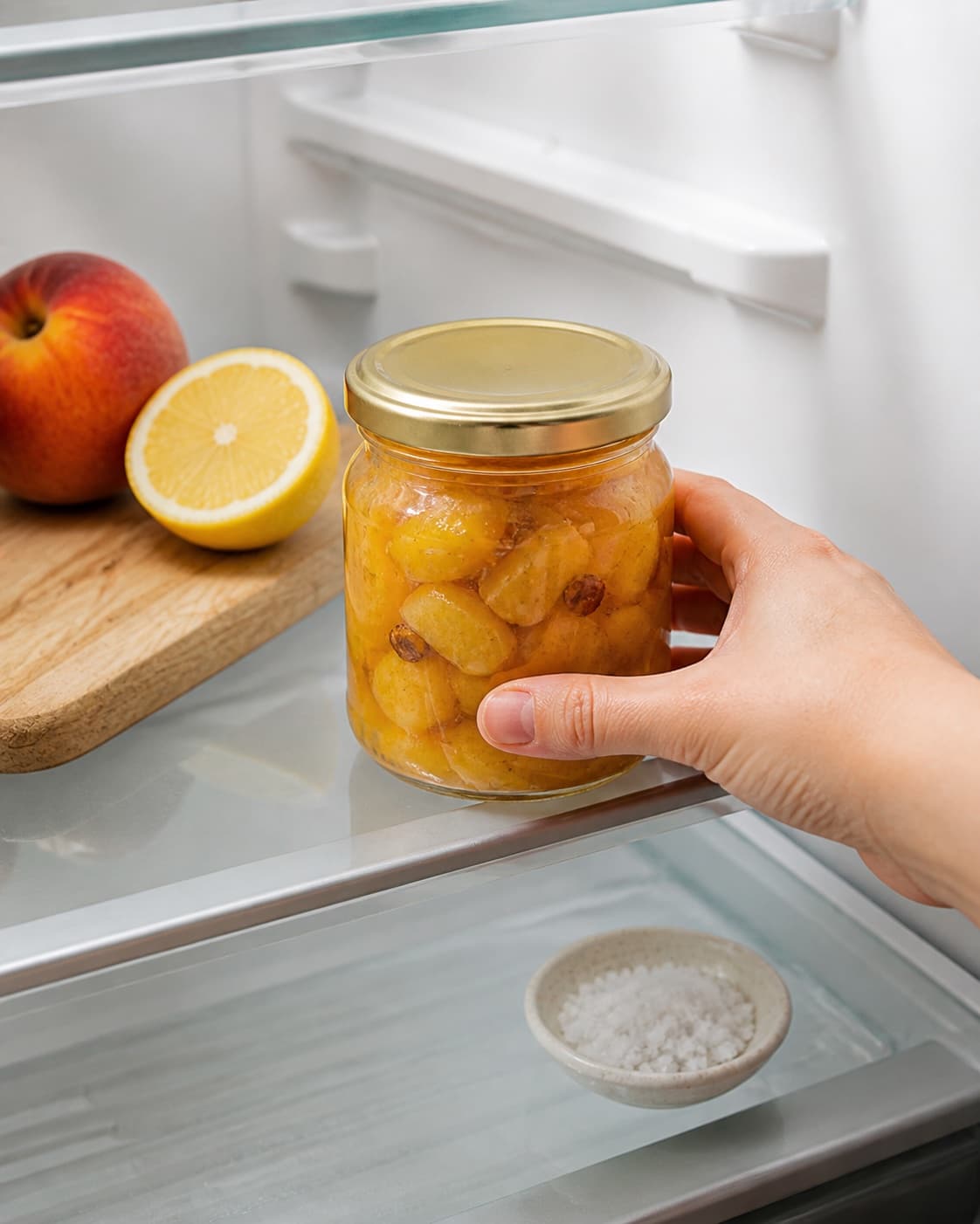 One single photorealistic instructional frame of the sealed pickle jar resting in refrigeration for Ferskenkompot, featuring ferskner, sukker, citron, with only the named equipment and no unrelated food, text, logos or packaging under tilberedningen af ferskenkompot
