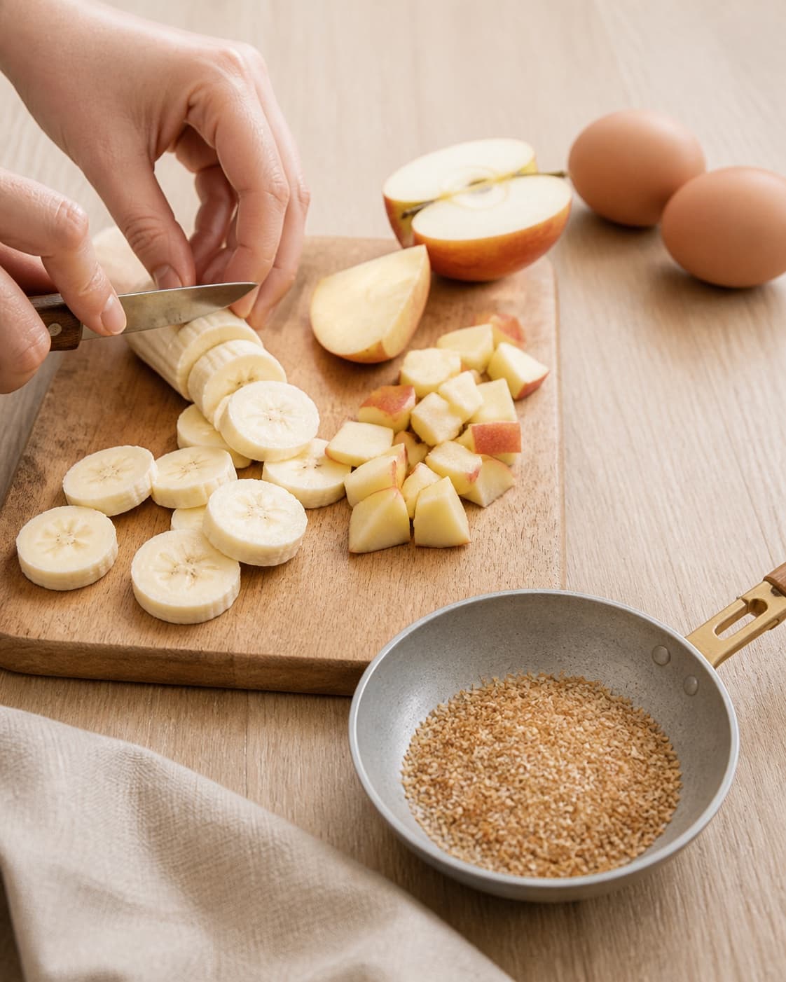 One single photorealistic instructional frame of fresh fruit being cut beside one small pan of toasted topping for Morgenmadspandekager uden havregryn eller mel, featuring banan, æg, æble, with only the named equipment and no unrelated food, text, logos or packaging under tilberedningen af morgenmadspandekager uden havregryn eller mel