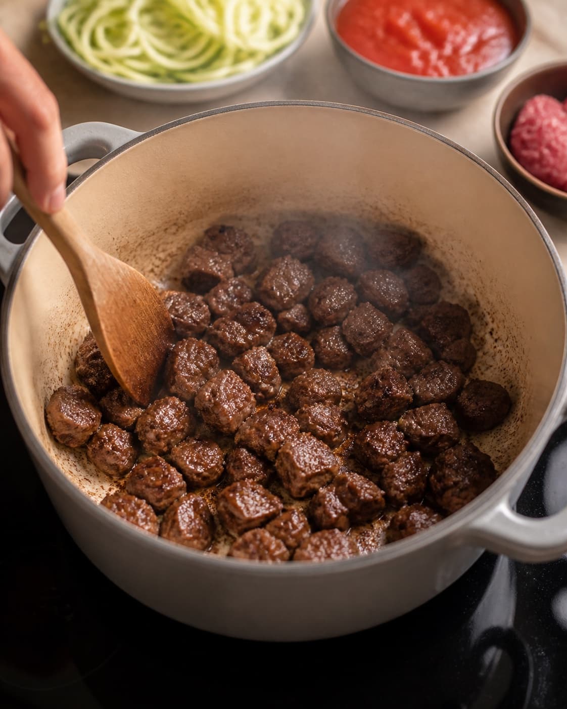 One single photorealistic instructional frame of meat cubes searing deeply brown in one heavy pot for Squashspaghetti med Bolognese, featuring squash, hakket oksekød, modne tomater, with only the named equipment and no unrelated food, text, logos or packaging under tilberedningen af squashspaghetti med bolognese