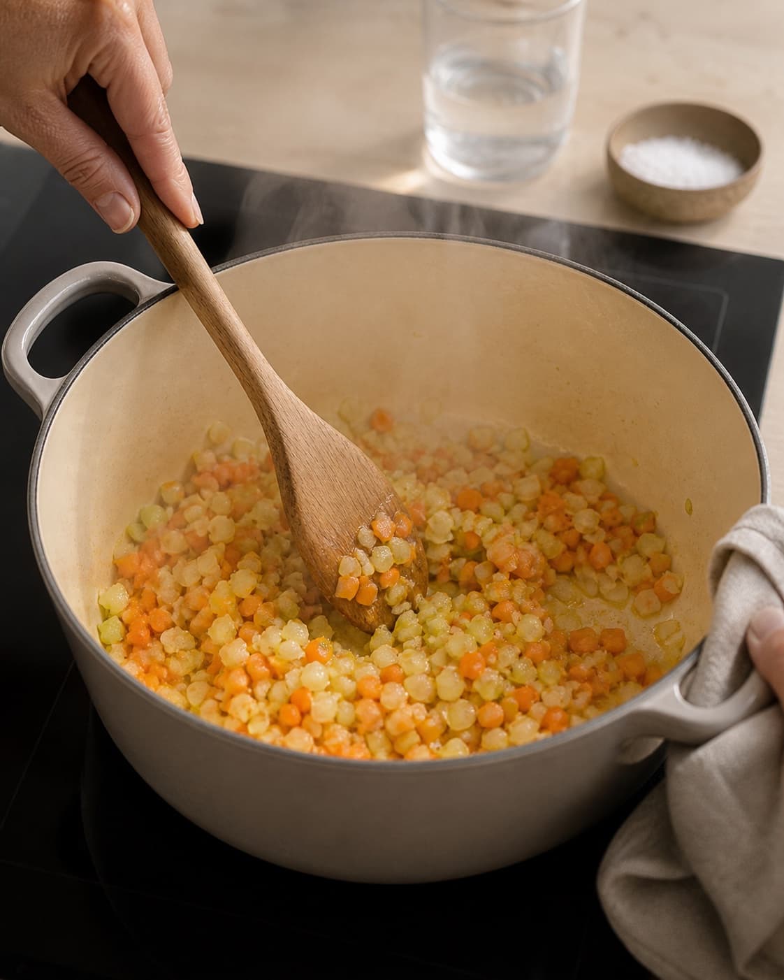 One single photorealistic instructional frame of aromatic vegetables softening in the same heavy pot for Squashspaghetti med Bolognese, featuring squash, hakket oksekød, modne tomater, with only the named equipment and no unrelated food, text, logos or packaging under tilberedningen af squashspaghetti med bolognese