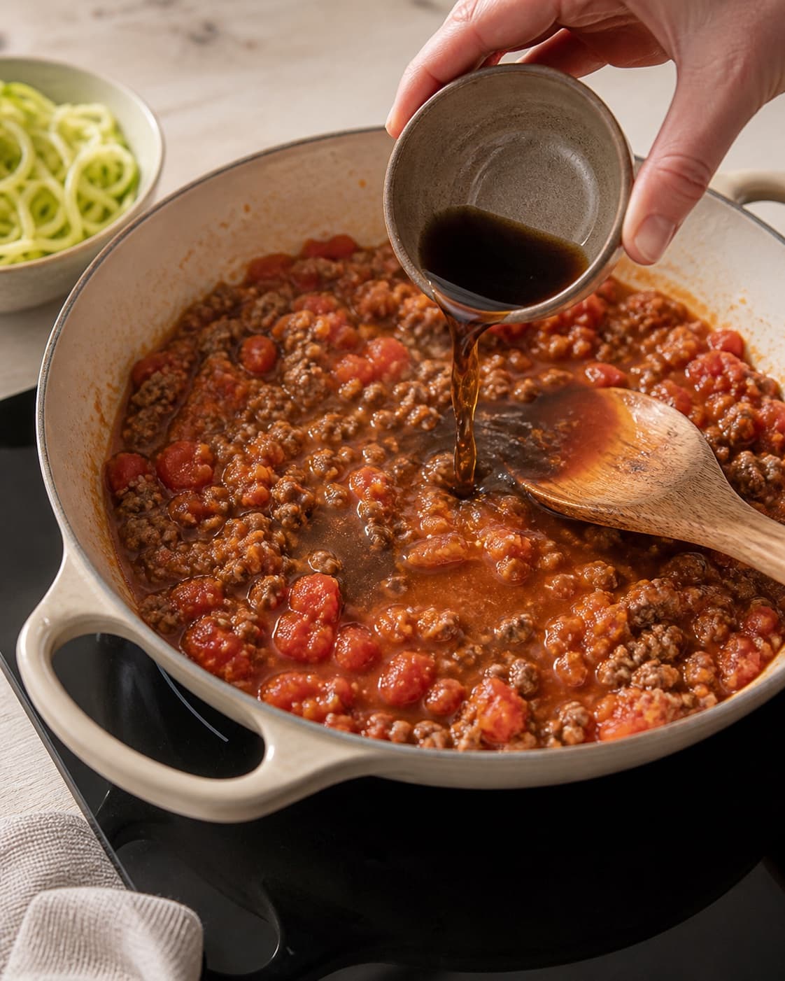 One single photorealistic instructional frame of dark fond dissolving into the added cooking liquid for Squashspaghetti med Bolognese, featuring squash, hakket oksekød, modne tomater, with only the named equipment and no unrelated food, text, logos or packaging under tilberedningen af squashspaghetti med bolognese