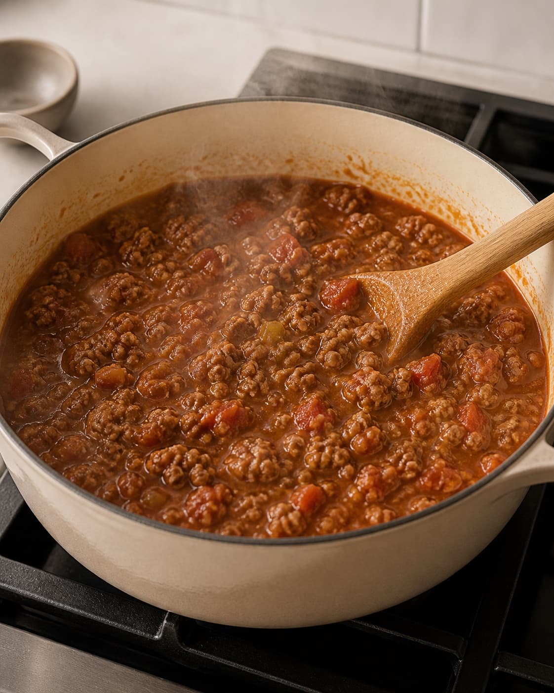 One single photorealistic instructional frame of the stew gently braising with tender meat and vegetables for Squashspaghetti med Bolognese, featuring squash, hakket oksekød, modne tomater, with only the named equipment and no unrelated food, text, logos or packaging under tilberedningen af squashspaghetti med bolognese