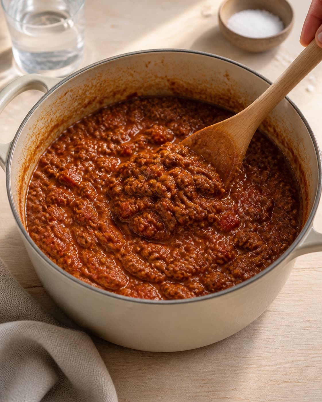 One single photorealistic instructional frame of the finished glossy stew ready in one serving pot for Squashspaghetti med Bolognese, featuring squash, hakket oksekød, modne tomater, with only the named equipment and no unrelated food, text, logos or packaging under tilberedningen af squashspaghetti med bolognese