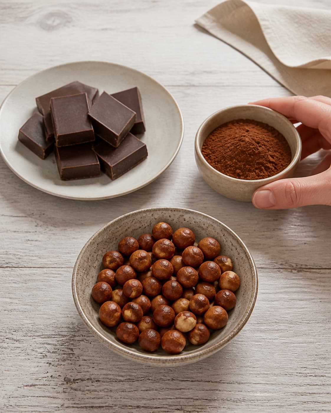 One single photorealistic instructional frame of the dip ingredients measured in separate small bowls for Hjemmelavet nutella, featuring hasselnødder, mørk chokolade, kakaopulver, with only the named equipment and no unrelated food, text, logos or packaging under tilberedningen af hjemmelavet nutella