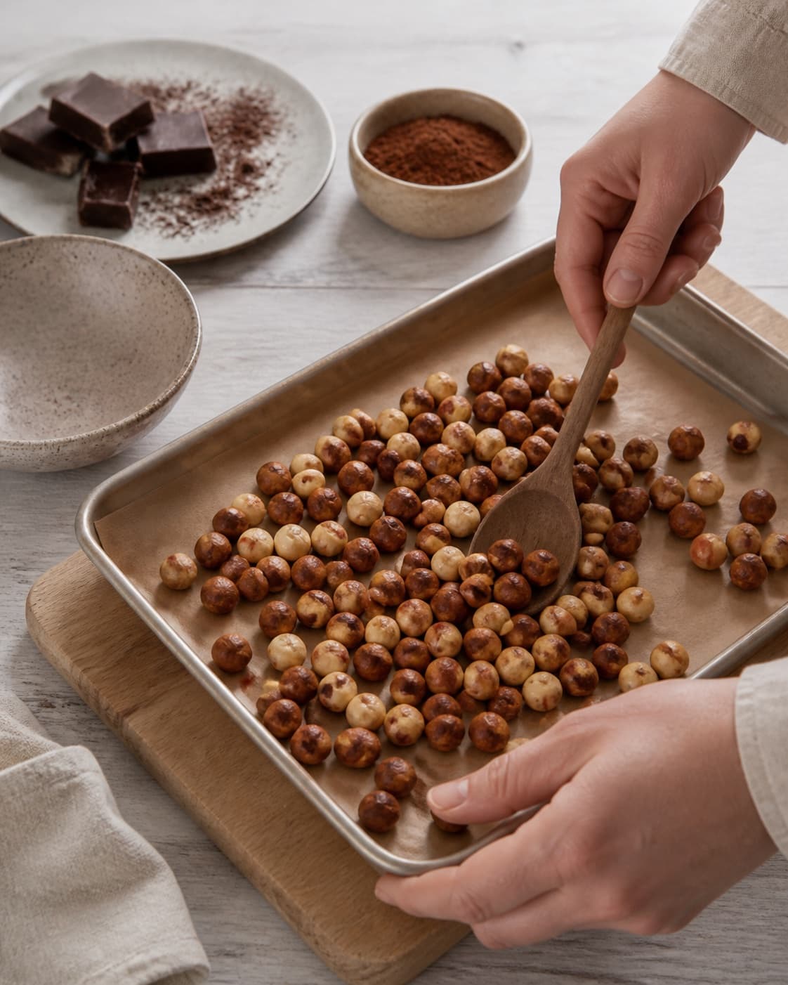 One single photorealistic instructional frame of the recipe-specific flavor elements being prepared for Hjemmelavet nutella, featuring hasselnødder, mørk chokolade, kakaopulver, with only the named equipment and no unrelated food, text, logos or packaging under tilberedningen af hjemmelavet nutella