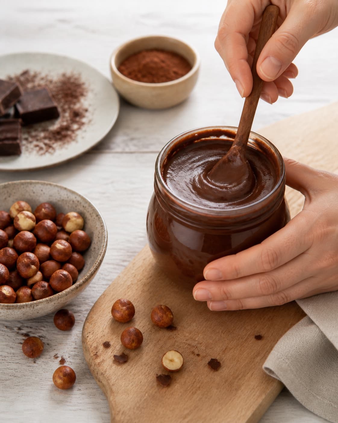One single photorealistic instructional frame of the dip blending into a smooth cohesive texture for Hjemmelavet nutella, featuring hasselnødder, mørk chokolade, kakaopulver, with only the named equipment and no unrelated food, text, logos or packaging under tilberedningen af hjemmelavet nutella