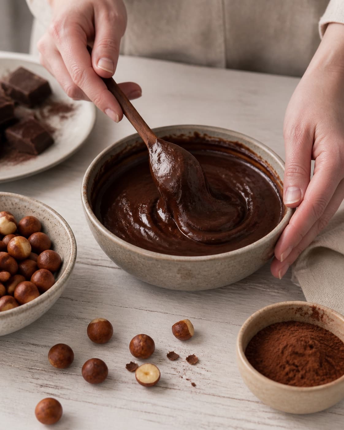 One single photorealistic instructional frame of one bowl of finished dip being tasted and adjusted for Hjemmelavet nutella, featuring hasselnødder, mørk chokolade, kakaopulver, with only the named equipment and no unrelated food, text, logos or packaging under tilberedningen af hjemmelavet nutella