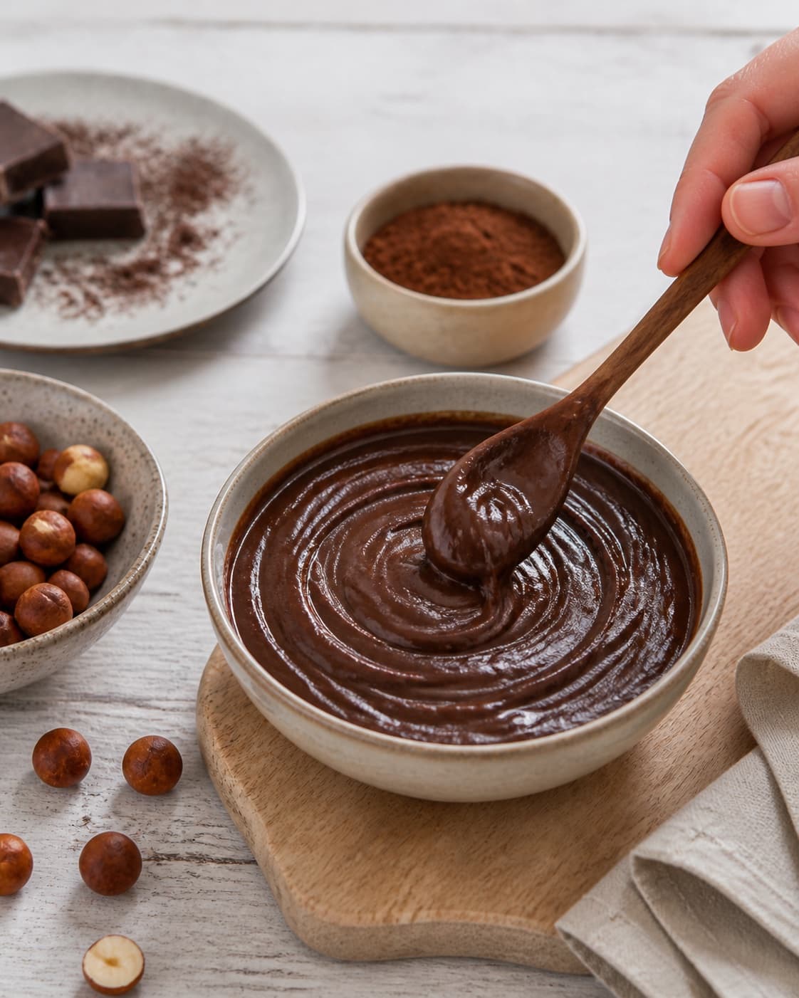 One single photorealistic instructional frame of the completed dip in one clean bowl after chilling for Hjemmelavet nutella, featuring hasselnødder, mørk chokolade, kakaopulver, with only the named equipment and no unrelated food, text, logos or packaging under tilberedningen af hjemmelavet nutella